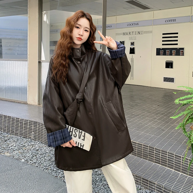 格纹两面穿皮衣外套女中长款2025秋季巨好看宽松休闲直筒pu皮大衣
