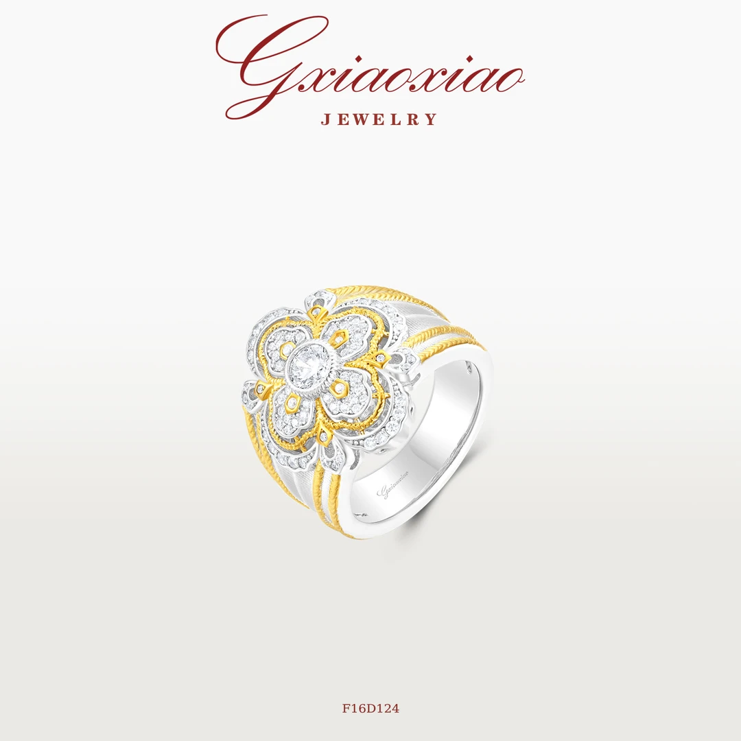 G XIAOXIAO 镀K金 法式气质复古双色百搭四叶花戒指 F16D124