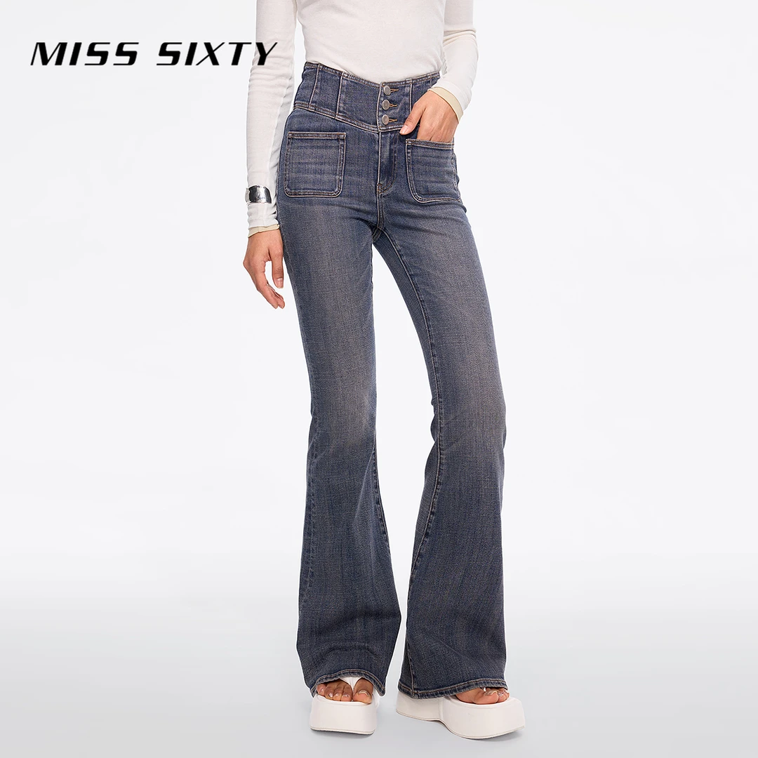 【进口牛仔面料】Miss Sixty2025新款牛仔裤V型腰微喇超模裤流光风