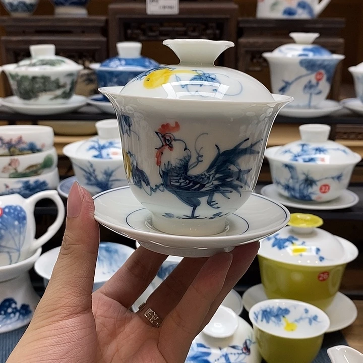 手绘公鸡盖碗160cc釉下彩微瑕福利款