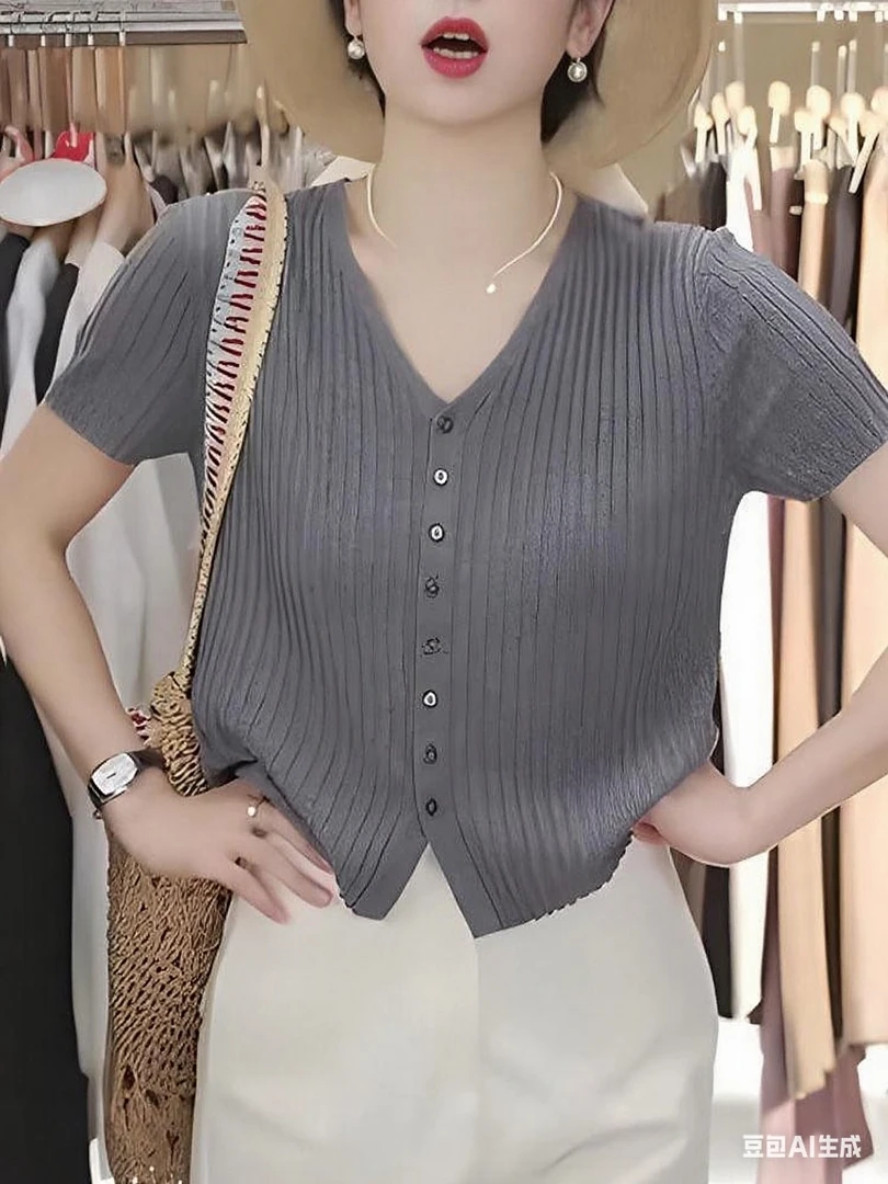 灰色V领针织衫女夏季新款轻奢高端设计感修身显瘦大码上衣潮冰丝