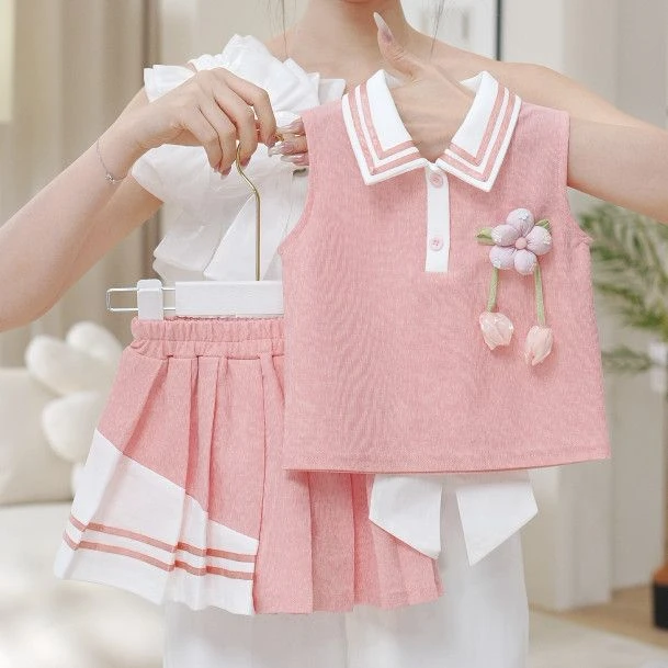 新款2025女小童学院风套装夏季洋气上衣爆款小女孩百褶裙两件套潮