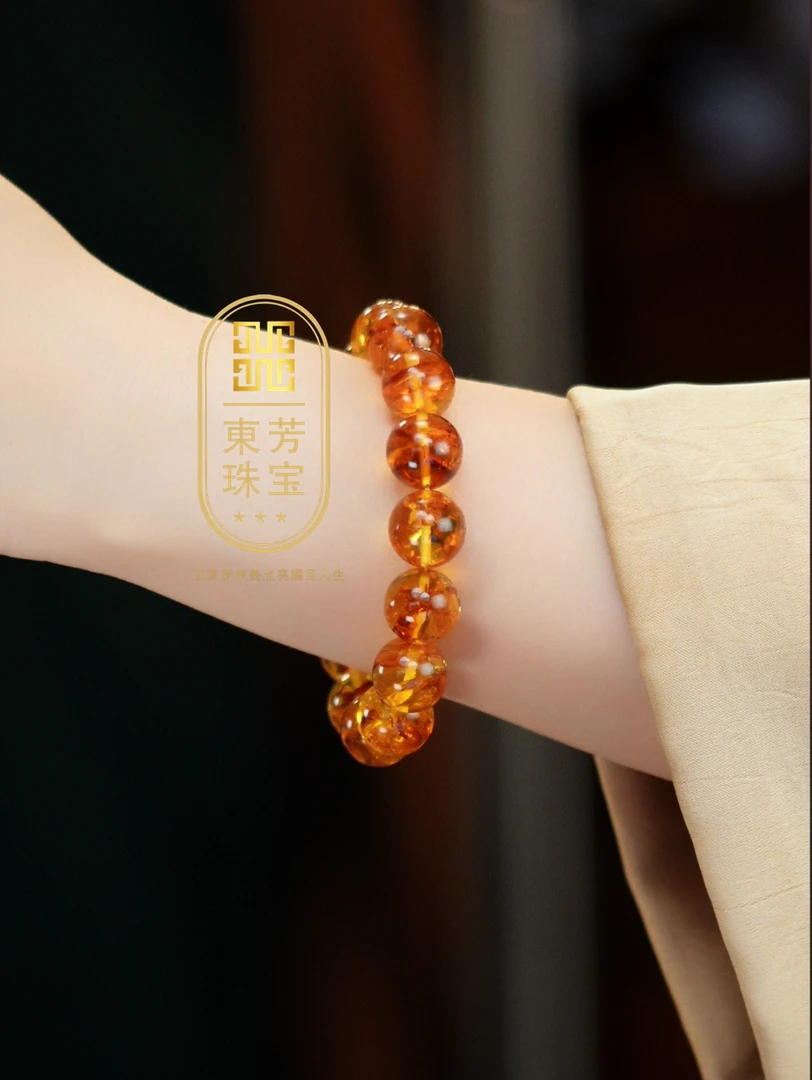 東芳珠宝-13mm俄罗斯天然花珀手串圆珠手串琥珀手串单圈素圈