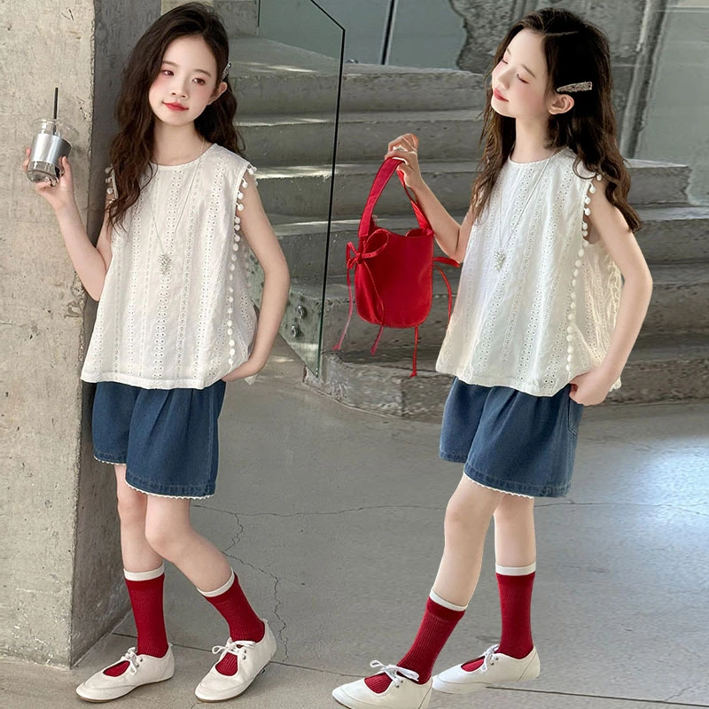 2025无袖镂空牛仔短裤套装女童夏日清凉宽松时尚个性可盐可甜百搭