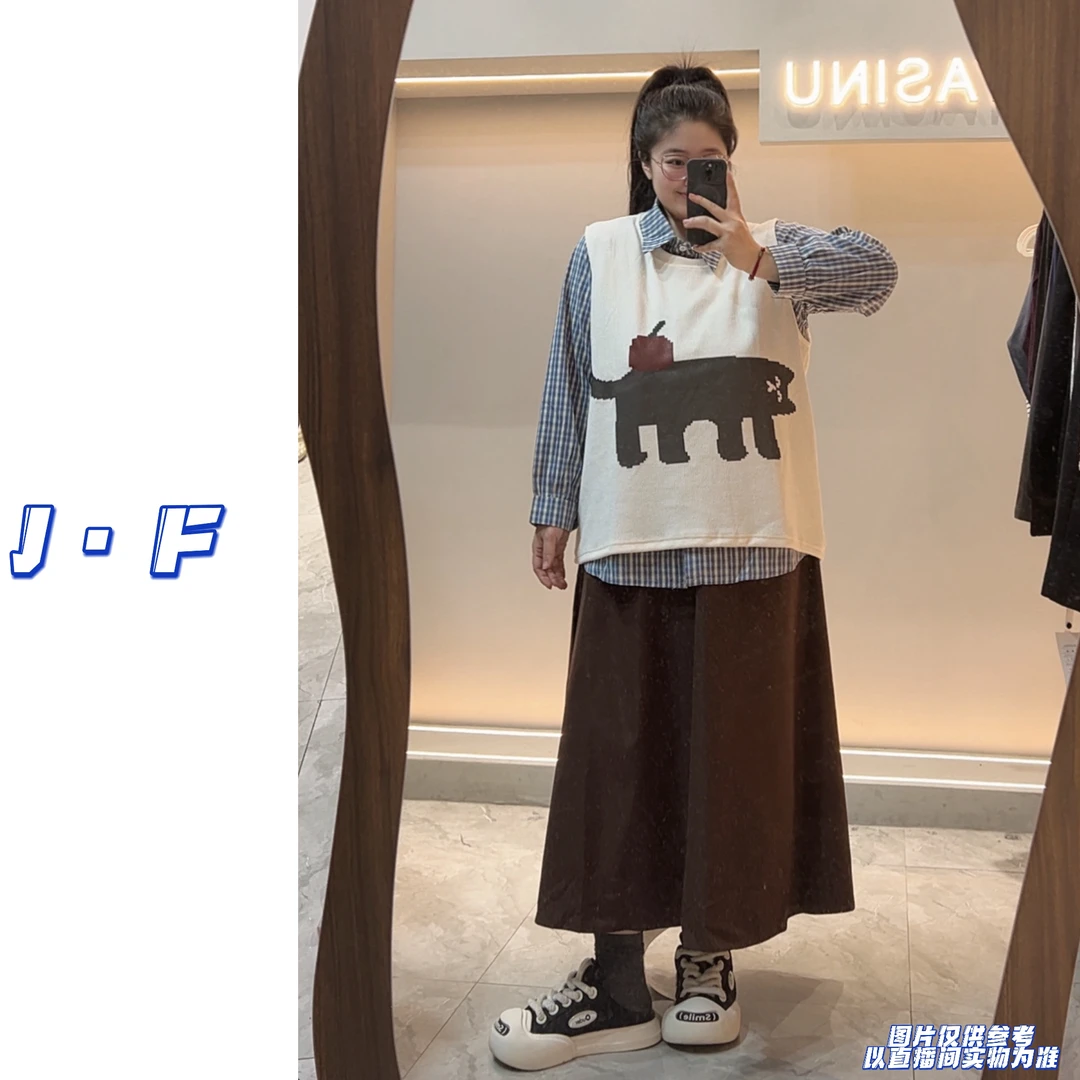 JF定制大码8929甜美森系格子衬衫猫咪马甲半身裙三件套