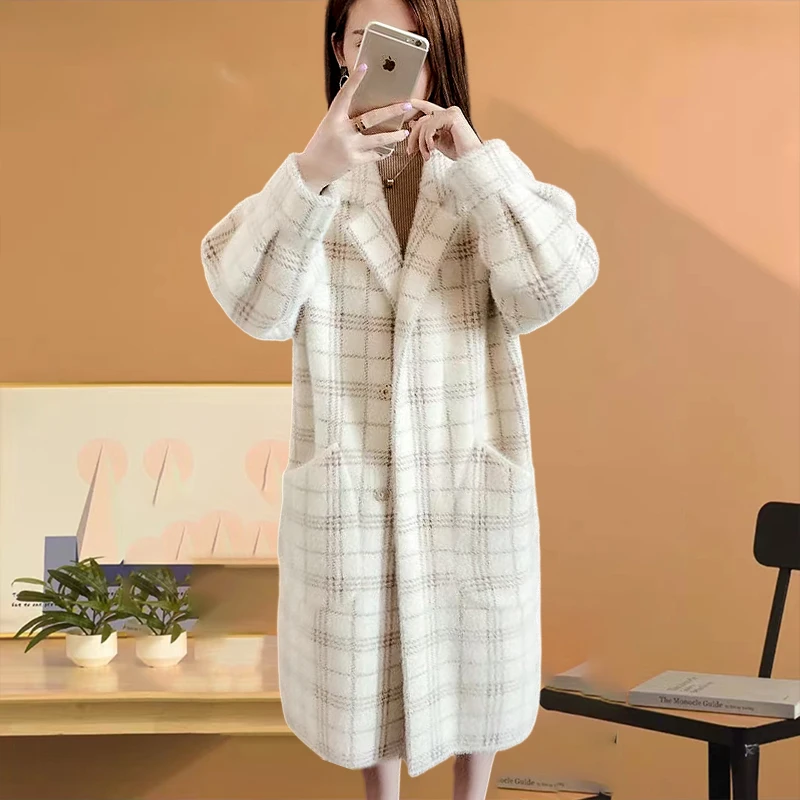 JLA059 秋冬款中长款格子仿绒大衣韩版宽松加厚开衫女外套