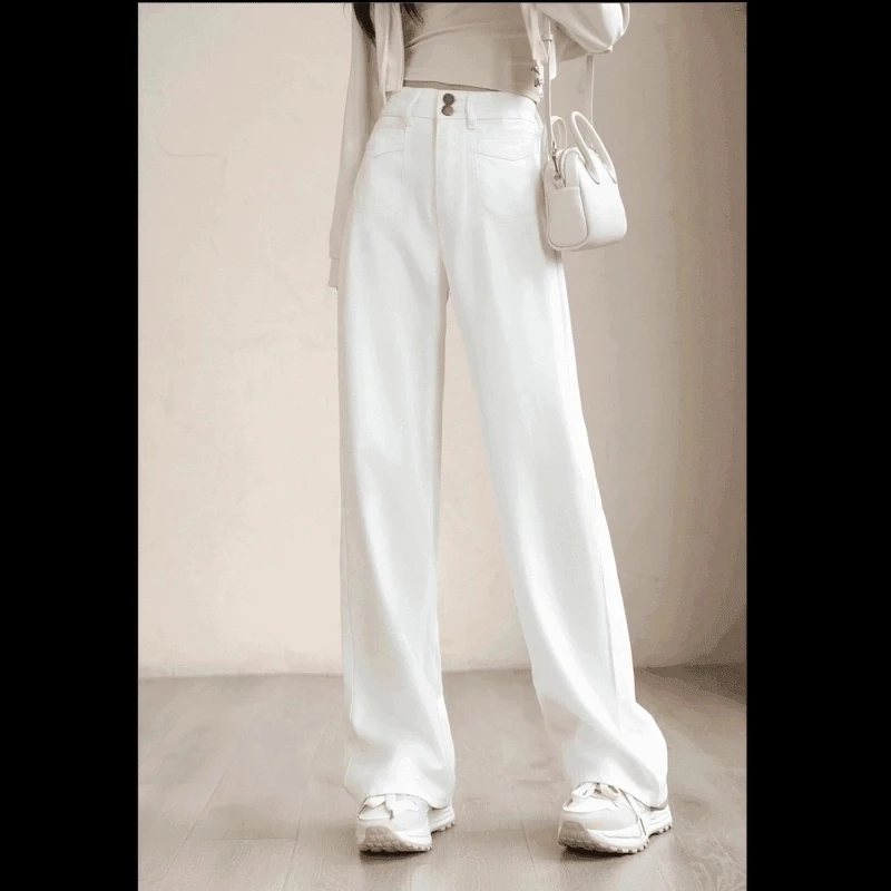 【现货+运费险】白色双扣窄版阔腿裤女高腰显瘦垂感牛仔裤