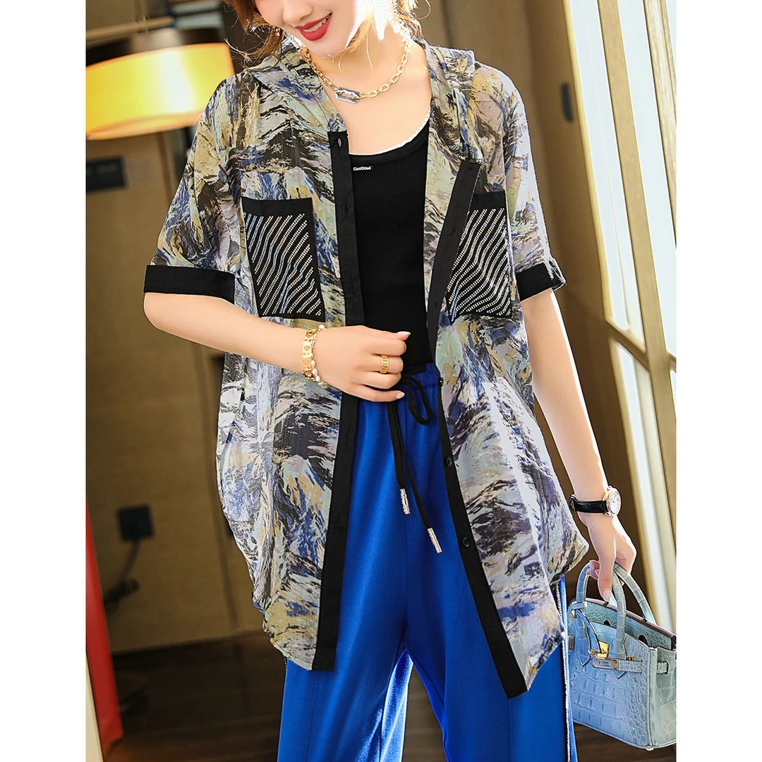 时尚减龄黑色星光口袋休闲连帽衬衫X8878