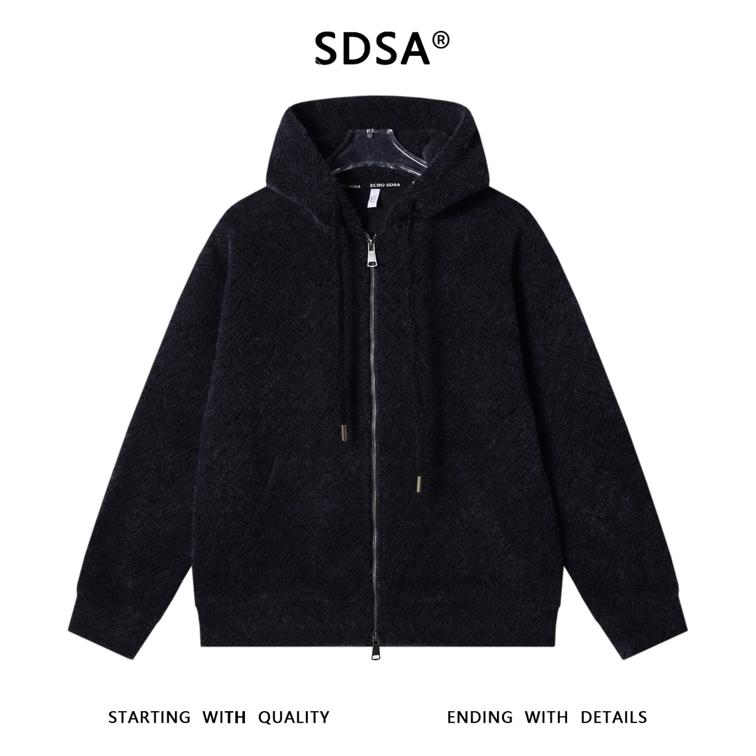 SDSA男士秋冬新款痞帅男装高街时尚暗纹提花拉链连帽开衫卫衣百搭