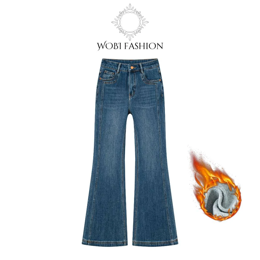 1809秋冬加绒微喇显瘦小个子复古爆款折边百搭弹力蓝色牛仔裤