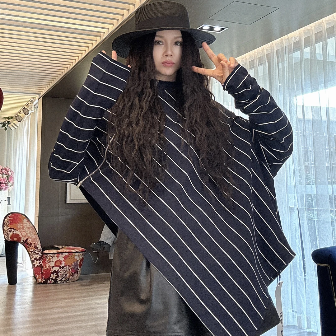 【周周家】 ins长袖时尚休闲百搭设计感不规则蓝色条纹拉链上衣
