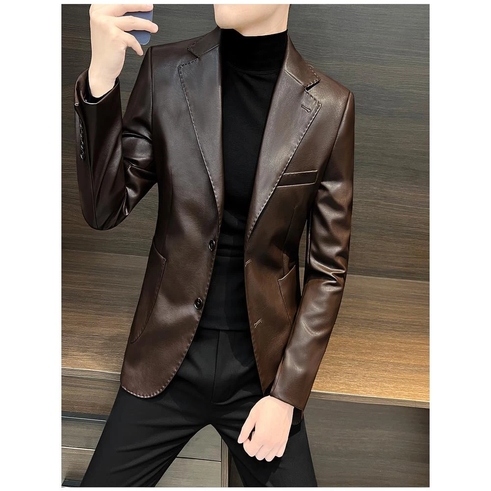 男士皮衣外套西装2025新款高级感痞帅修身休闲秋季皮西服男款单西