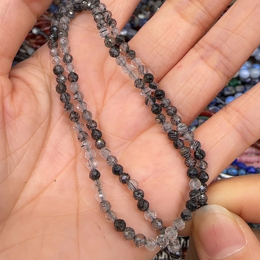 玛瑙/玉髓合金珠宝半成品黑发晶3mm一条切面