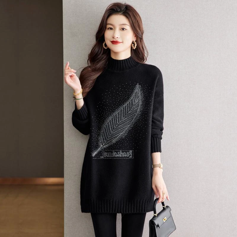 中长款毛衣打底衫女秋冬新款内搭可外穿半高领大码加厚针织毛衫女