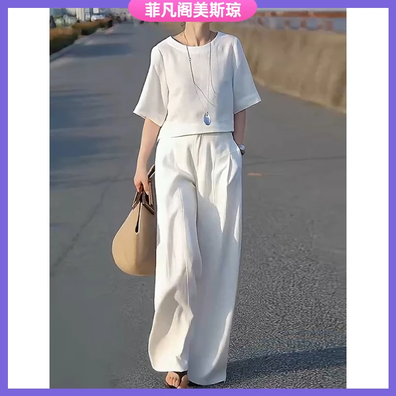 I女士夏季套装2025时尚大码洋气减龄显瘦上衣亚麻阔腿裤两件套l