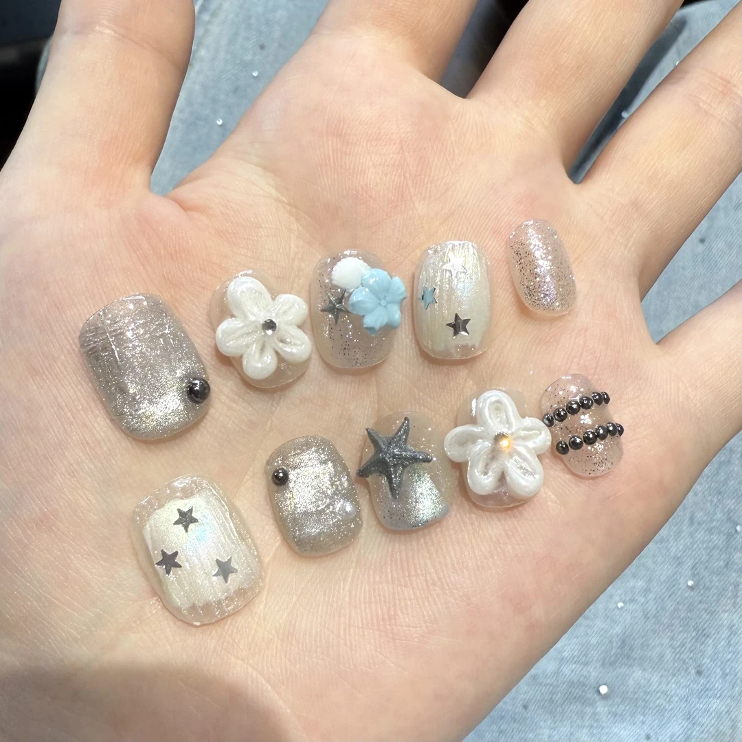 纯手工穿戴甲 银光沙滩