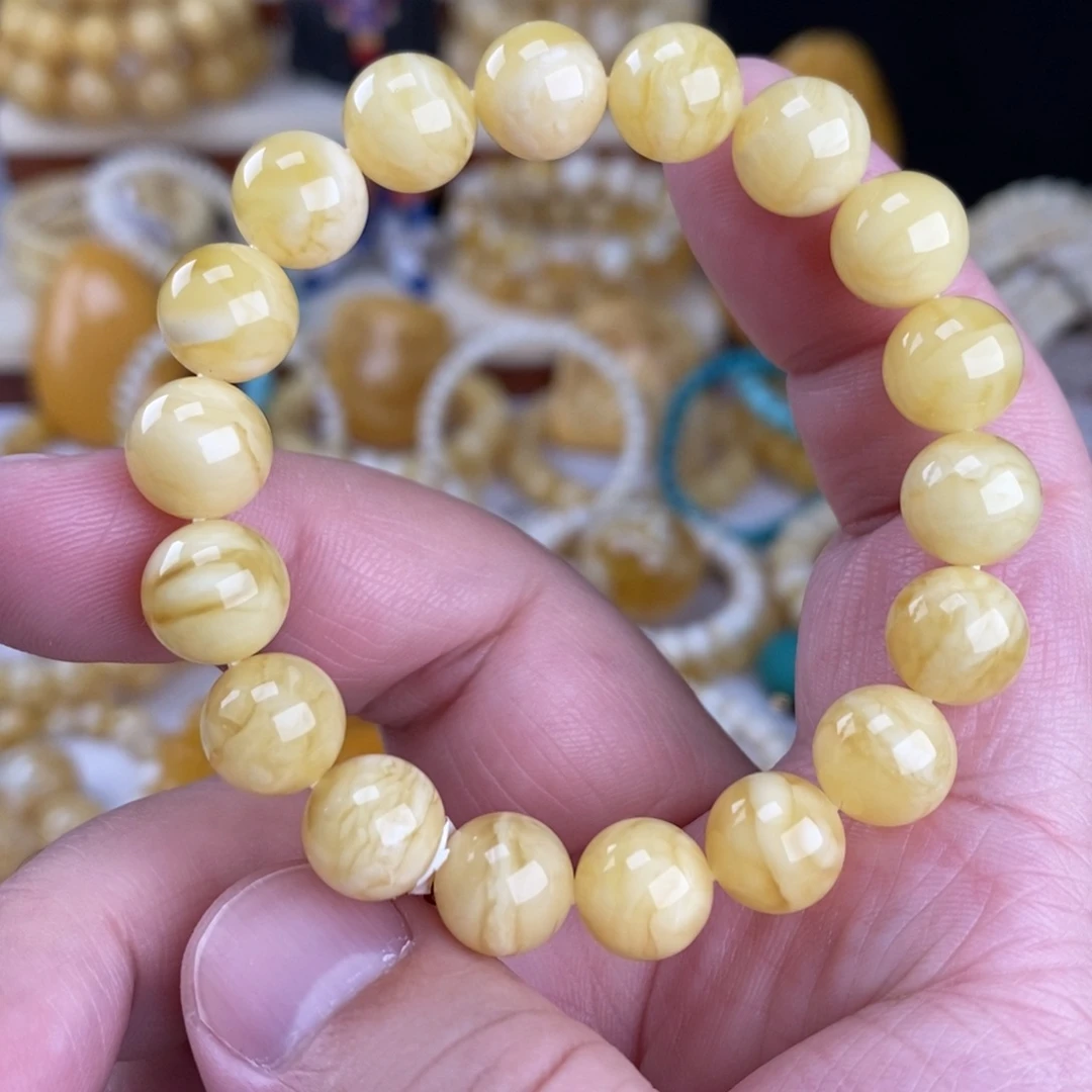 蜜蜡未镶嵌手链浓蜡瓷白花10mm圆珠