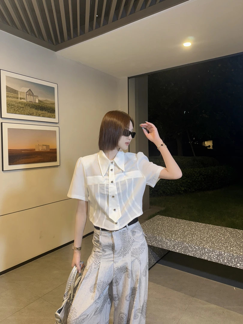 邓蕾婷【风和日丽】夏季新款翻领设计感领带洋气时尚气质休闲上衣