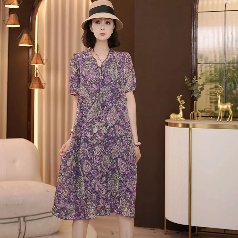 8955-887夏季新款韩版2025宽松休闲短袖时尚V领花色连衣裙女