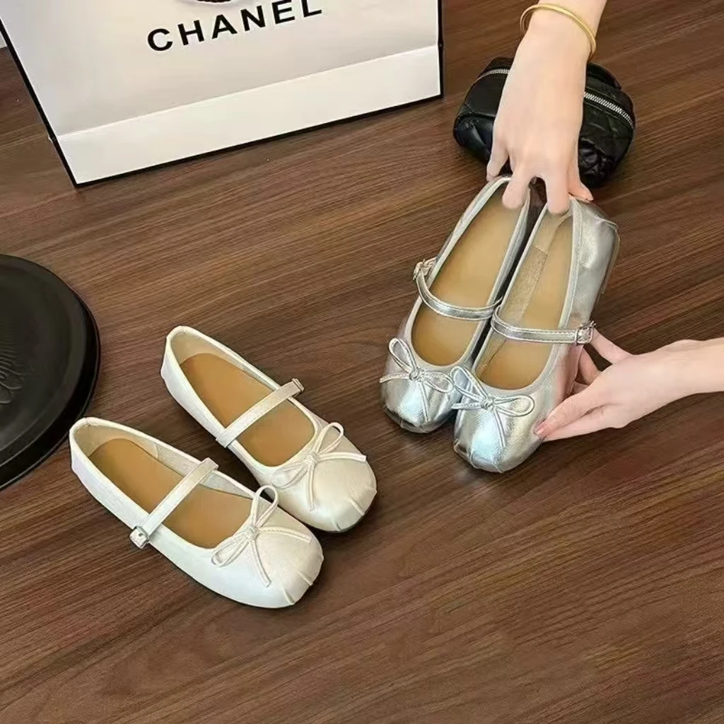 玛丽珍鞋蝴蝶结单鞋低跟一脚蹬春季常规纯色