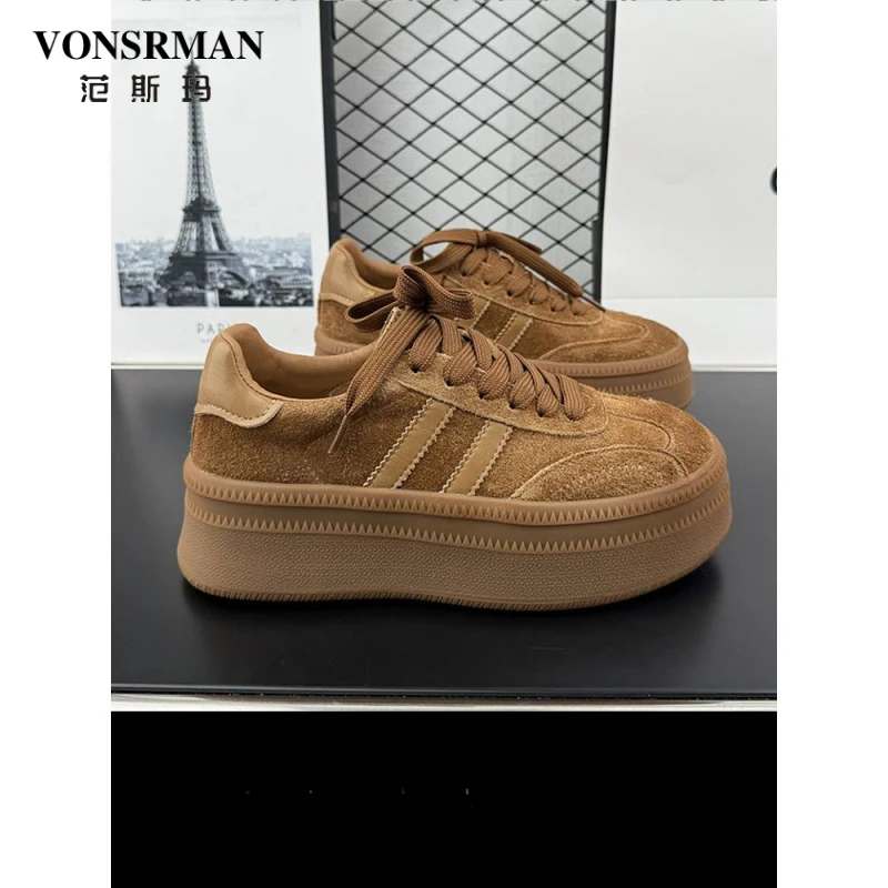 磨砂皮复古厚底德训鞋女2025秋季新款百搭松糕鞋圆头显瘦休闲板鞋