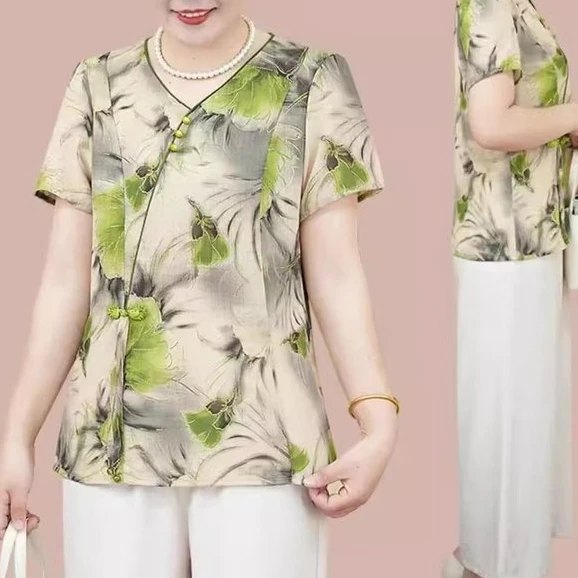 妈妈装夏装V领碎花短袖宽松雪纺衫中年女时尚大码国风印花T恤上衣