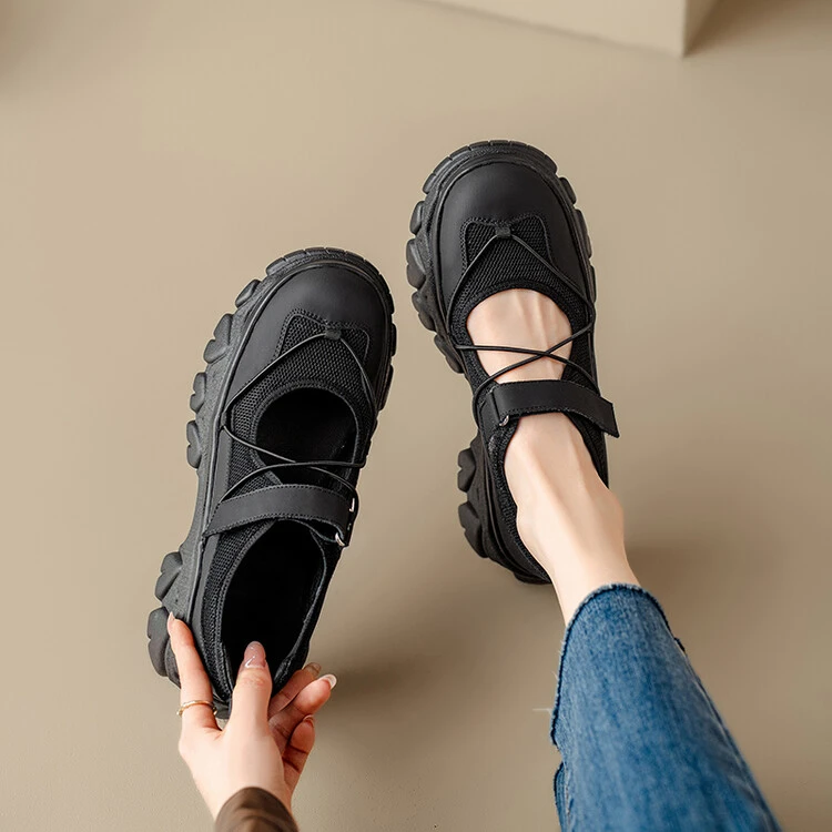 真皮厚底运动风玛丽珍鞋女鞋休闲一字扣带增高单鞋子2025秋季新款