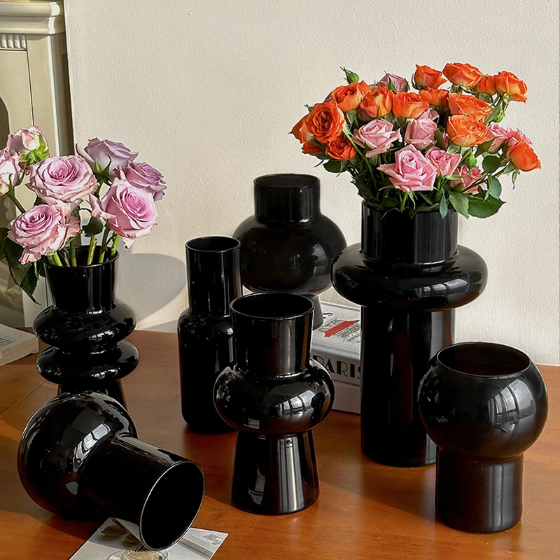 简约现代中古玻璃花瓶摆件客厅黑色小众水养插花鲜花创意高级感