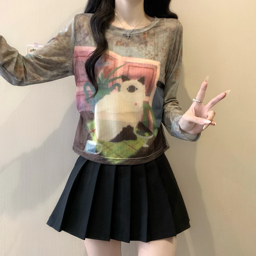 （wy)2025秋冬美式复古印花壁画猫网纱上衣大码女显瘦长袖T恤3796