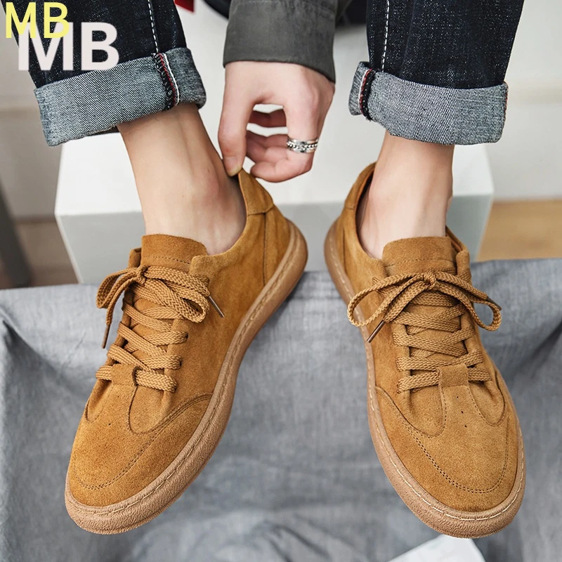 2025春季新品纯色牛皮休闲男士鞋低帮百搭潮流翻毛皮韩版运动板鞋