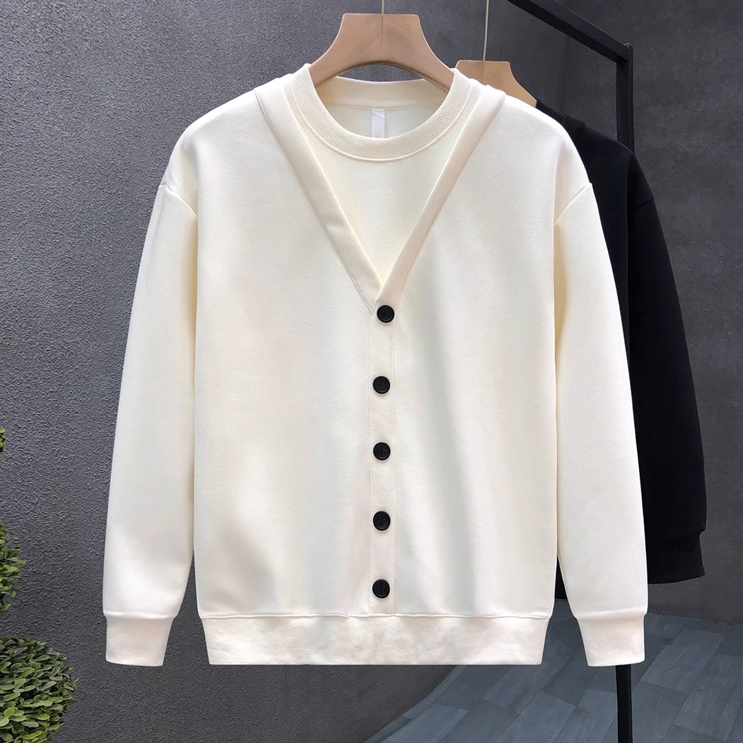 高端轻奢圆领衣服男款爆款2025新款痞帅假两件套头秋季卫衣男款