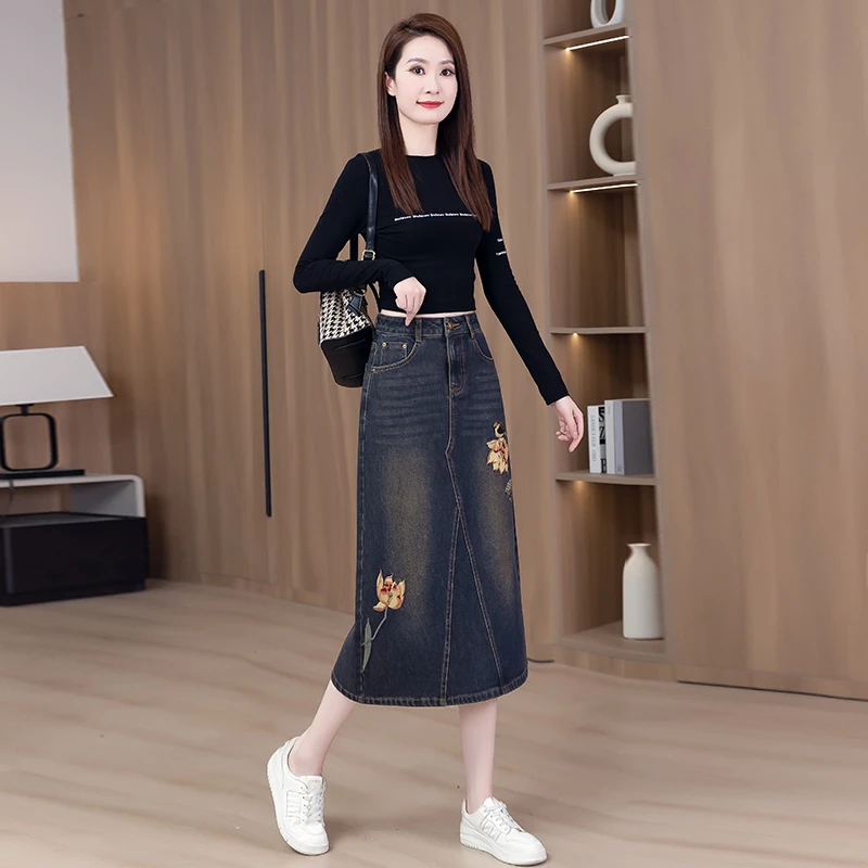 复古开叉牛仔半身裙中长裙女春夏秋季新款爆款高端刺绣a字包臀裙