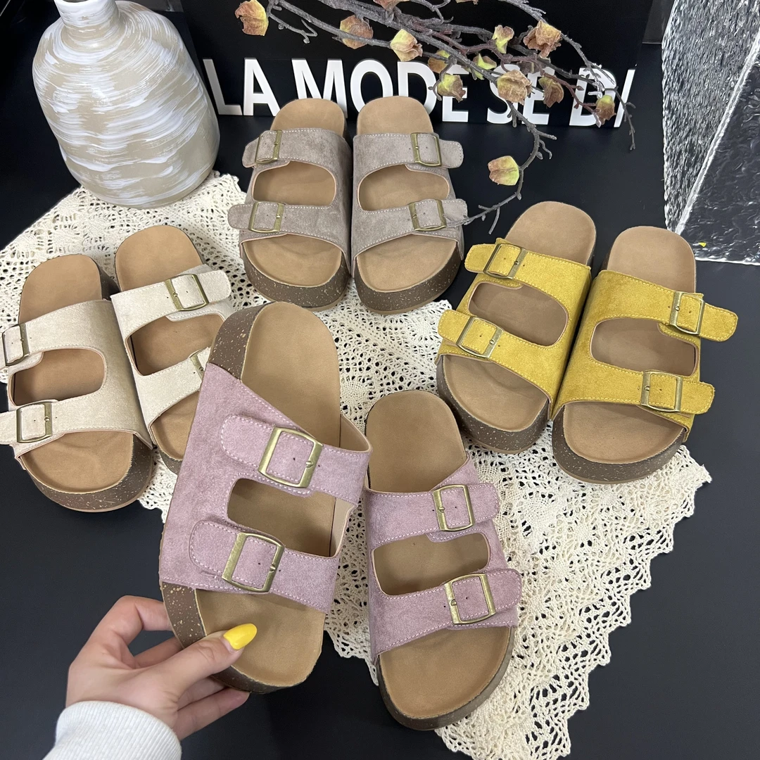 2025百搭厚底勃肯拖鞋女夏新款双排扣懒人一脚蹬沙滩凉拖鞋女