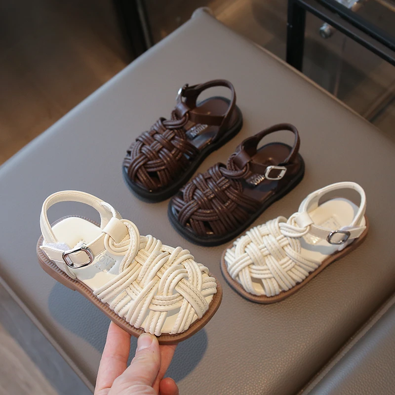 女童凉鞋夏季宝宝新款儿童鞋子罗马鞋软底包头小女孩编织沙滩鞋