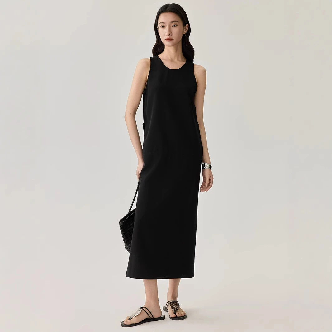 【瑶嘉】韵律 高开叉半旗袍桑蚕丝无袖百搭宽松显瘦长款小黑裙