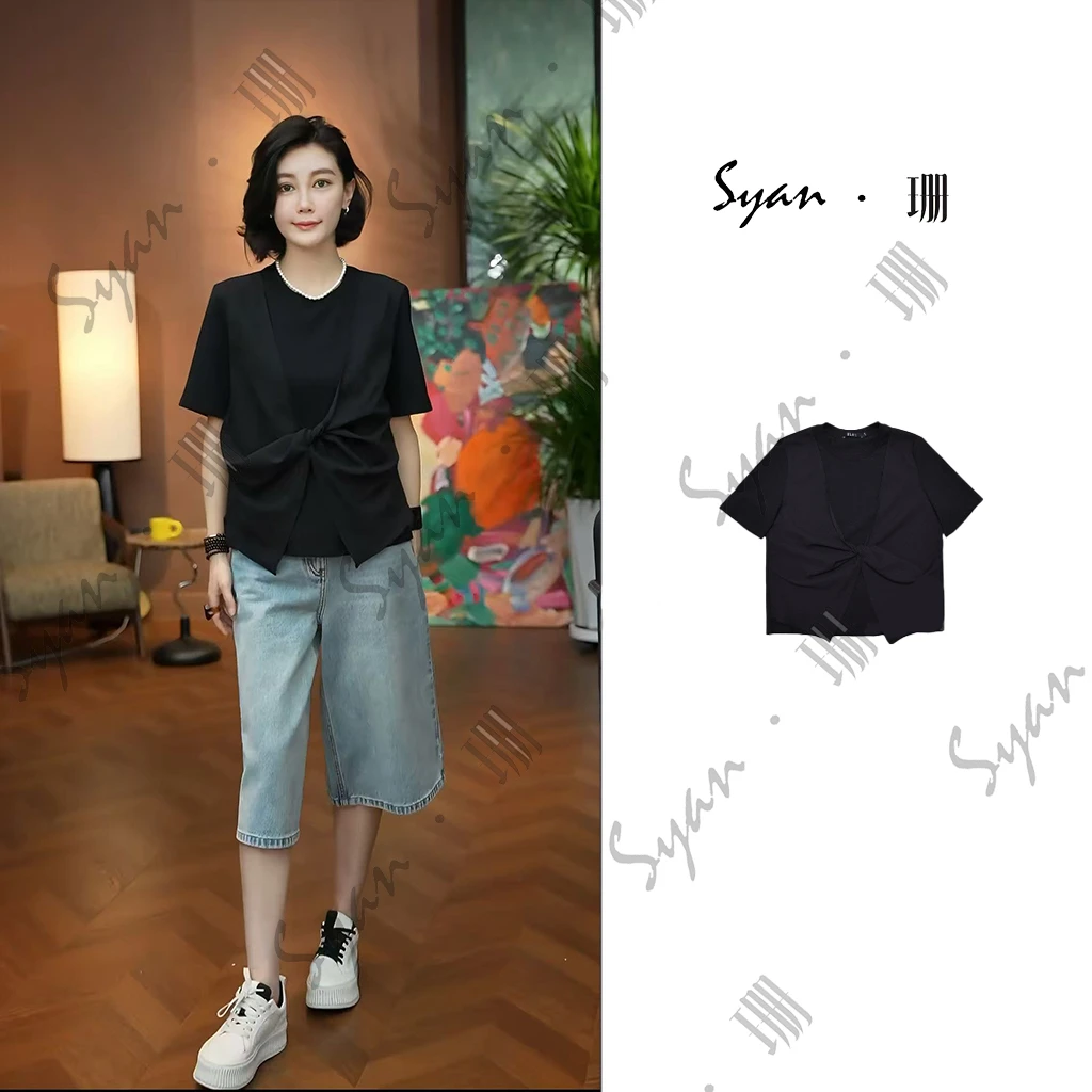Syan【默契】秋季新款时尚百搭设计款蝴蝶结宽松T恤