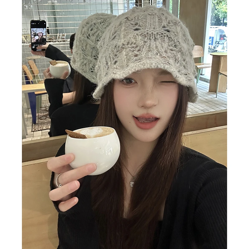 镂空花边包头针织渔夫帽女森系时髦毛线帽春秋冬新款帽子韩版冷帽