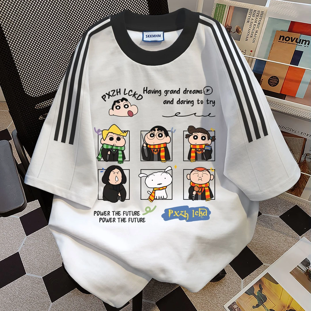 100%纯棉蜡笔小新字母印花三条杠男女款潮牌t恤2025夏季新款上衣