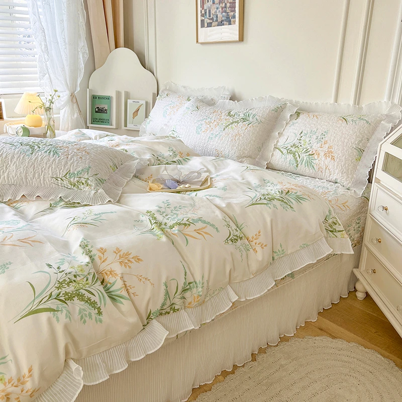 全棉蕾丝工艺款夹棉床盖舒适三四件套四季款