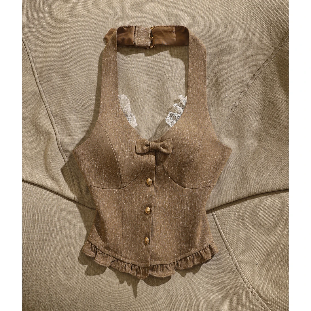 美式个性小众辣妹挂脖背心女显瘦蝴蝶结荷叶边纽扣针织马甲外搭