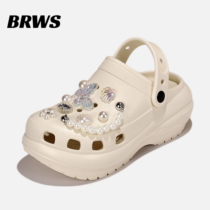 2025新款eva洞洞鞋女鞋网红DIY珍珠链条厚底防滑防臭增高沙滩包头