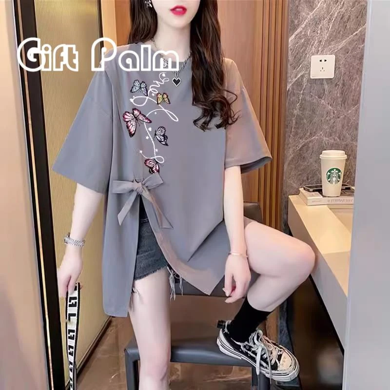 纯棉蝴蝶结开叉不规则短袖t恤女夏季大码宽松胖mm设计感小众上衣