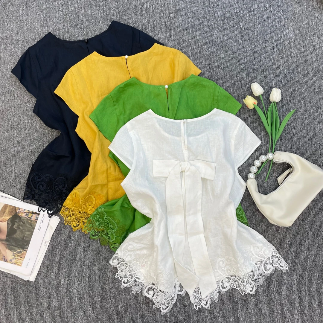 【苗姐优选】艺术花边蝴蝶扣上衣T恤YNY25102