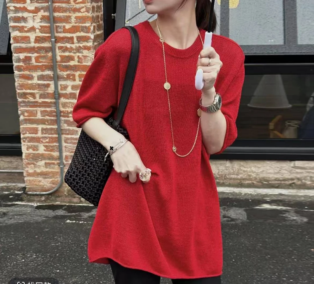 【清仓】2025新款短袖和纸纱中长款圆领针织衫 冰凉感拉满