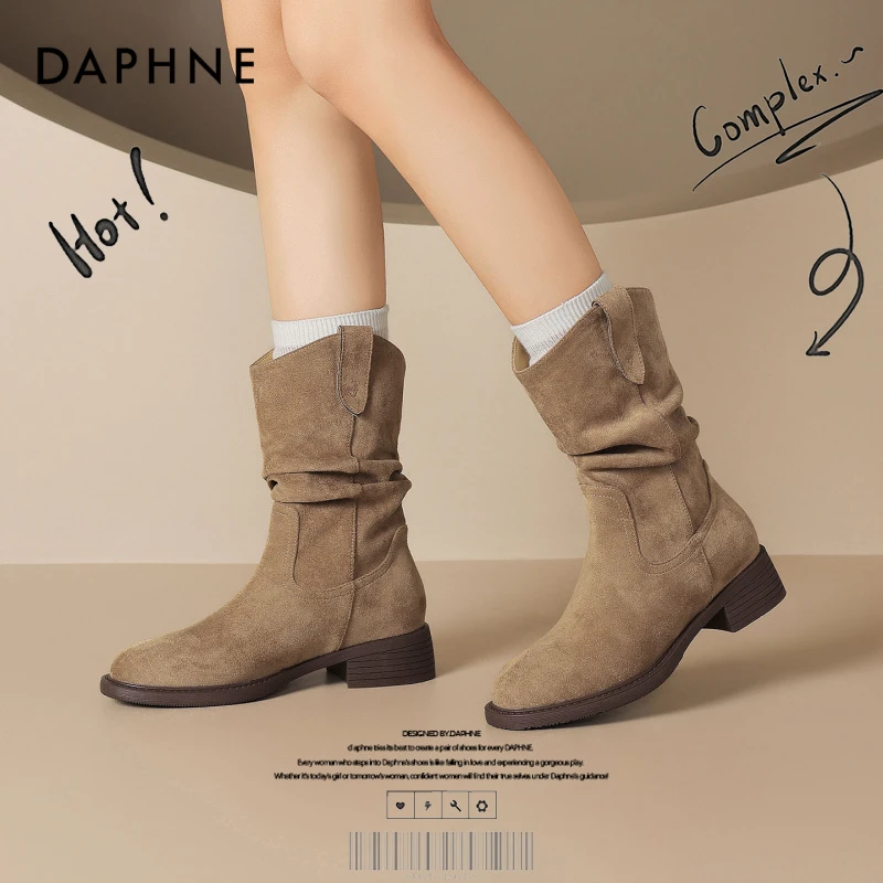 达芙妮网红爆款粗跟堆堆靴女款2025秋季百搭靴子美拉德西部牛仔靴