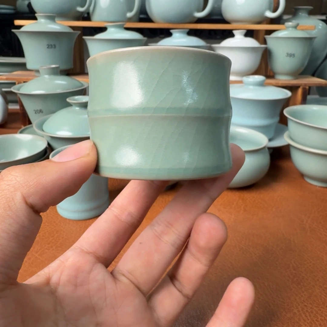 陶摆件开播福利价微瑕青绿小竹节杯