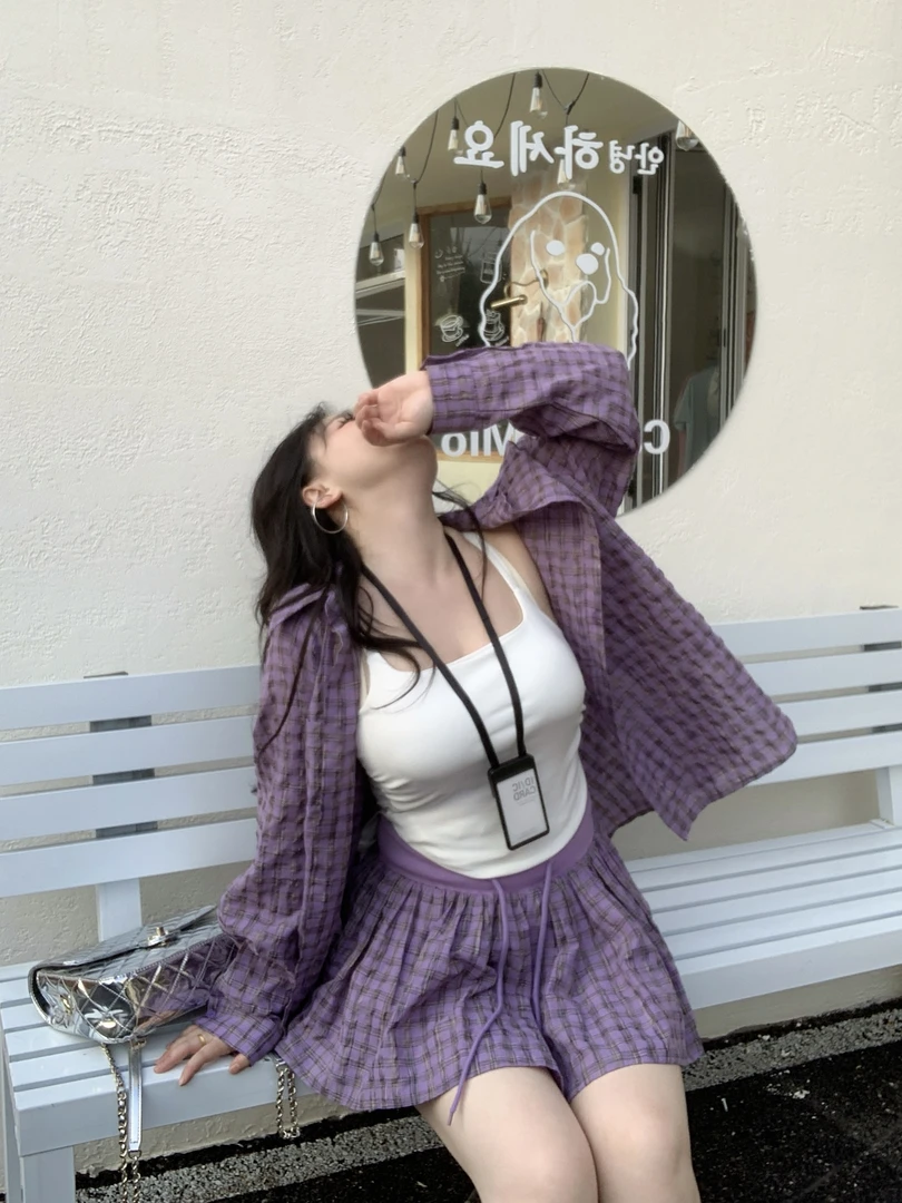 【大小姐】“松弛假日”韩系学院风紫色格子衬衫吊带高腰半身裙套装