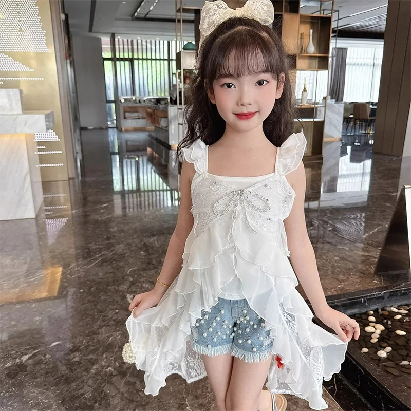 女童夏季套装2025新款潮儿童甜美夏装女孩珍珠牛仔短裤三件套洋气