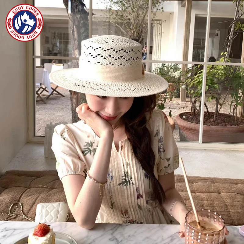 RUDY GOOSE镂空平顶草帽女夏季出游海边高级感手工编织遮阳防晒帽
