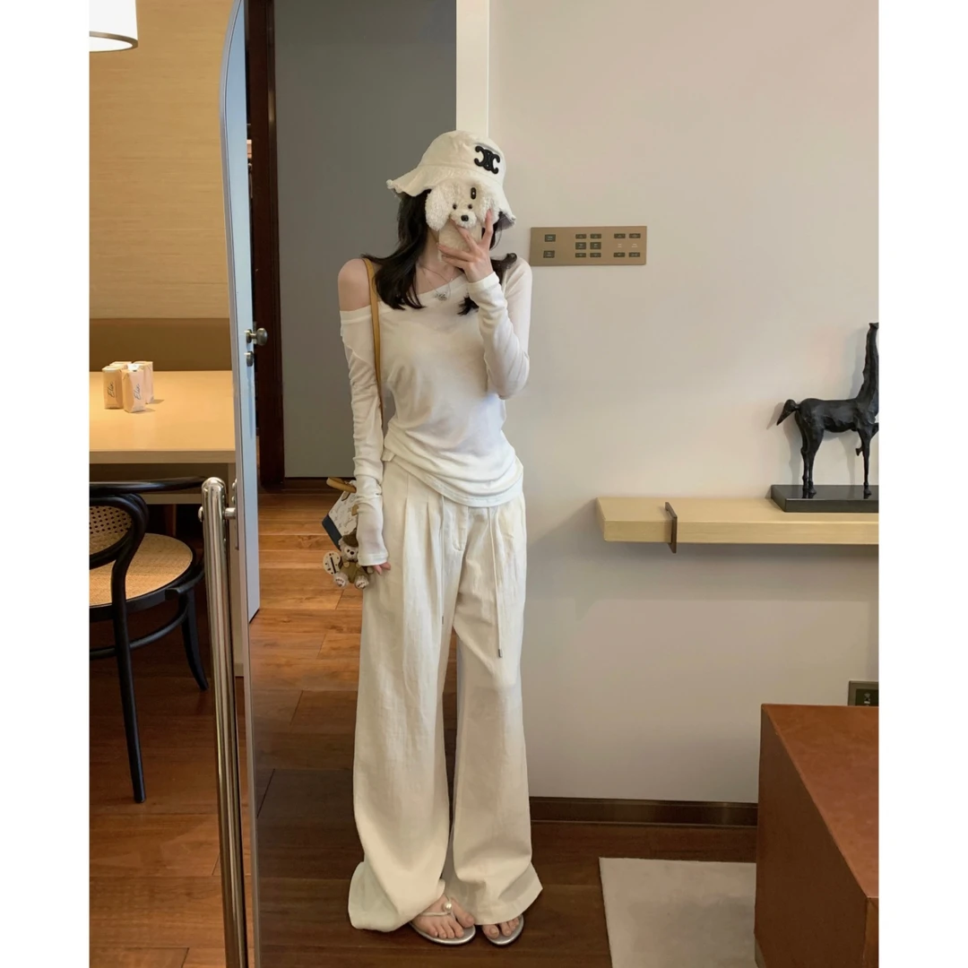 自然褶皱质感休闲长裤女春夏新款时尚百搭宽松显瘦垂感拖地阔腿裤